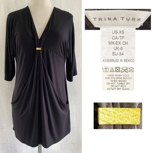 TRINA TURK Short Sleeve Pockets V Neck Tunic Dress
